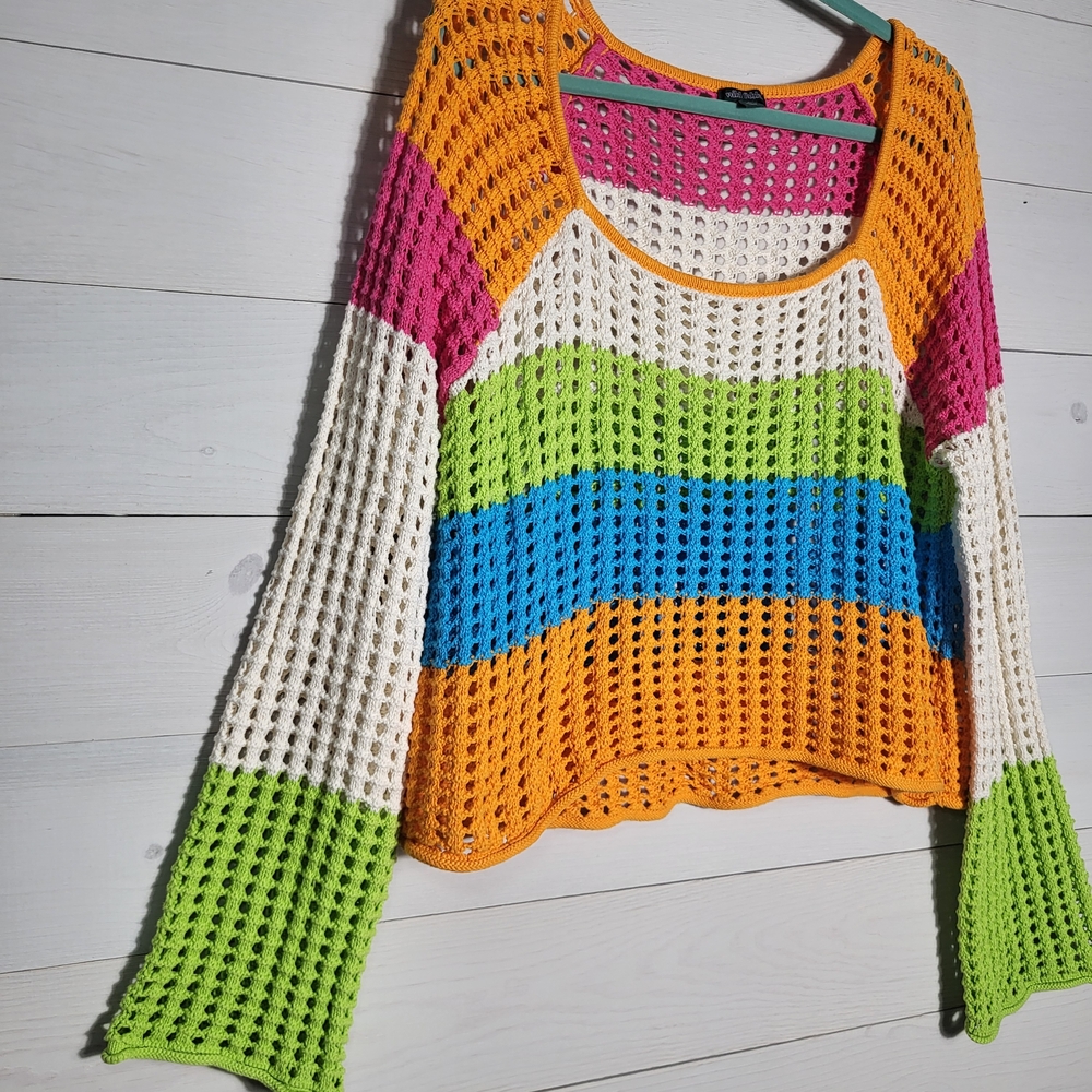 Wild Fable Open Weave Knit Sweater  Colorful Cotton Stripe Top Beachy BOHO - Picture 2 of 6